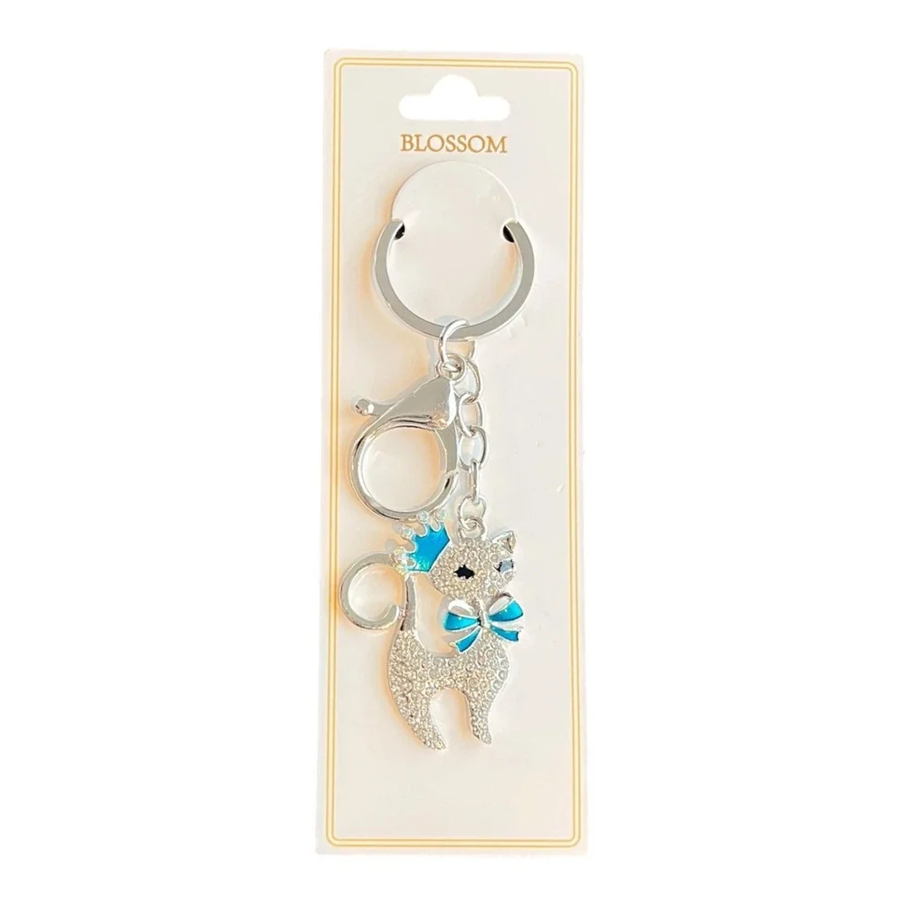 BLOSSOM Women's Silver Blue Rhinestone Cat Charm Key Chain 4